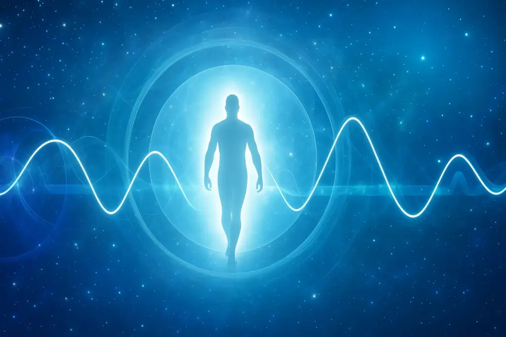 Zu sehen ist ein Hintergrundbild, dass folgende Worte und Themen zum Ausdruck bringen möchte: Bewusstsein, Frequenz, Schwingung, Universum und Energie.