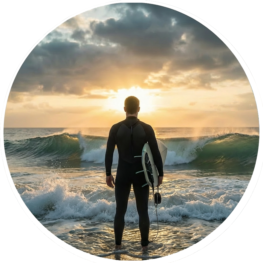 Ein Mann mittleren Alters steht in Neopren und mit seinem Surfbrett unter dem Arm am Ufer, bereit sich den Wellen zu stellen. Die Sonne am Horizont geht gerade unter oder auf.