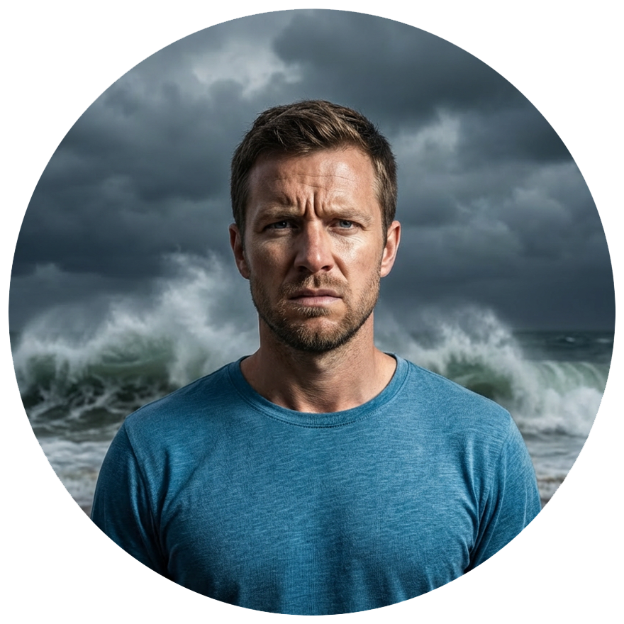Ein Mann schaut direkt in die Kamera. Sein Gesichtsausdruck wirkt bedrückt, schwer und überfordert. Im Hintergrund ist ein aufbrausendes Meer und ein finsterer Himmel zu sehen.